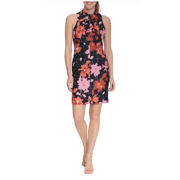 London Times Womens Black Pink Floral Sleeveless Sheath Midi Dress Sz 14 New - Picture 1 of 7